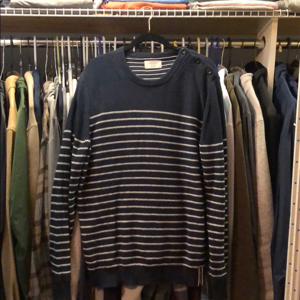 Blue Sweater With White Stripes